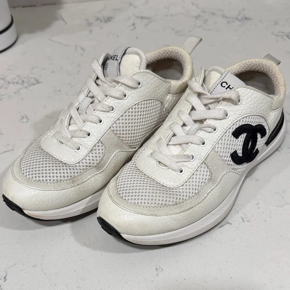 CHANEL Women's Cream and Black Sneakers Size 37.5